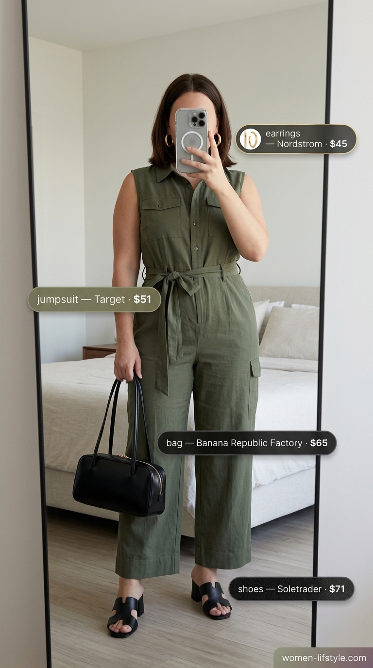 Trendy curvy outfit summer 2026: Olive utility jumpsuit, black mules, gold hoops & shoulder bag for sophisticated evening out.