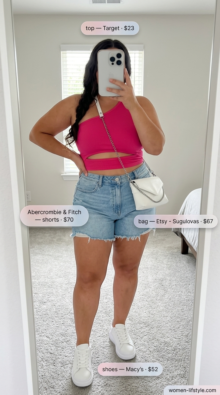Trendy curvy outfit summer 2026: Hot pink one-shoulder top, denim shorts, platform sneakers for casual weekend fun.