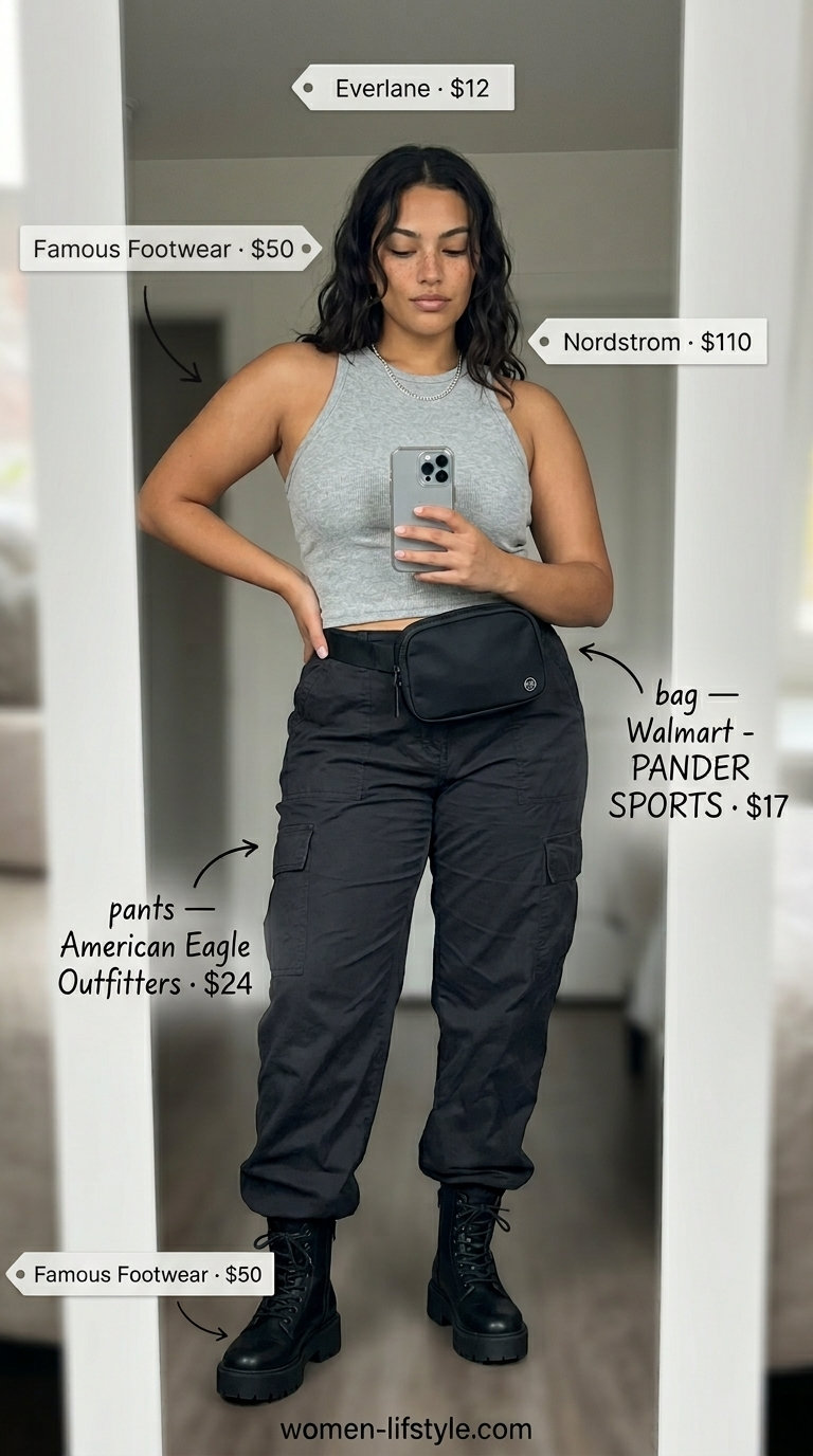 Trendy curvy outfit summer for women 2026: Black cargo pants, charcoal tank, combat boots for urban exploration.