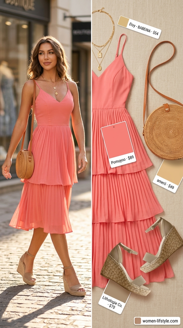 Trendy curvy outfit summer for women 2026: Coral maxi dress, straw hat, espadrilles for garden party.