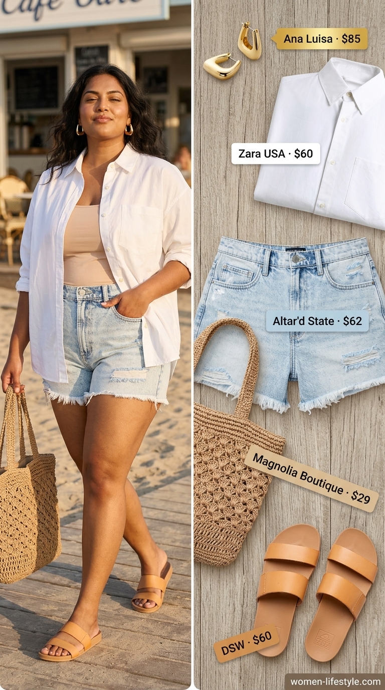 Trendy curvy outfit summer for women 2026: Denim shorts, white shirt, tan slides for casual day out.