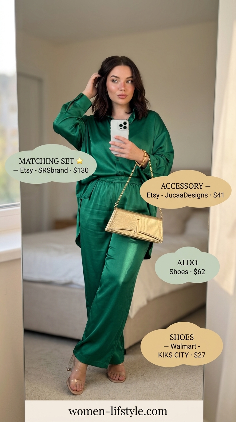 Trendy curvy outfit summer for women 2026: Emerald green satin set, clear heels for summer party.