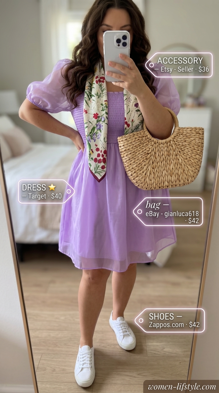 Trendy curvy outfit summer for women 2026: Pastel lilac babydoll dress, white sneakers for picnic.