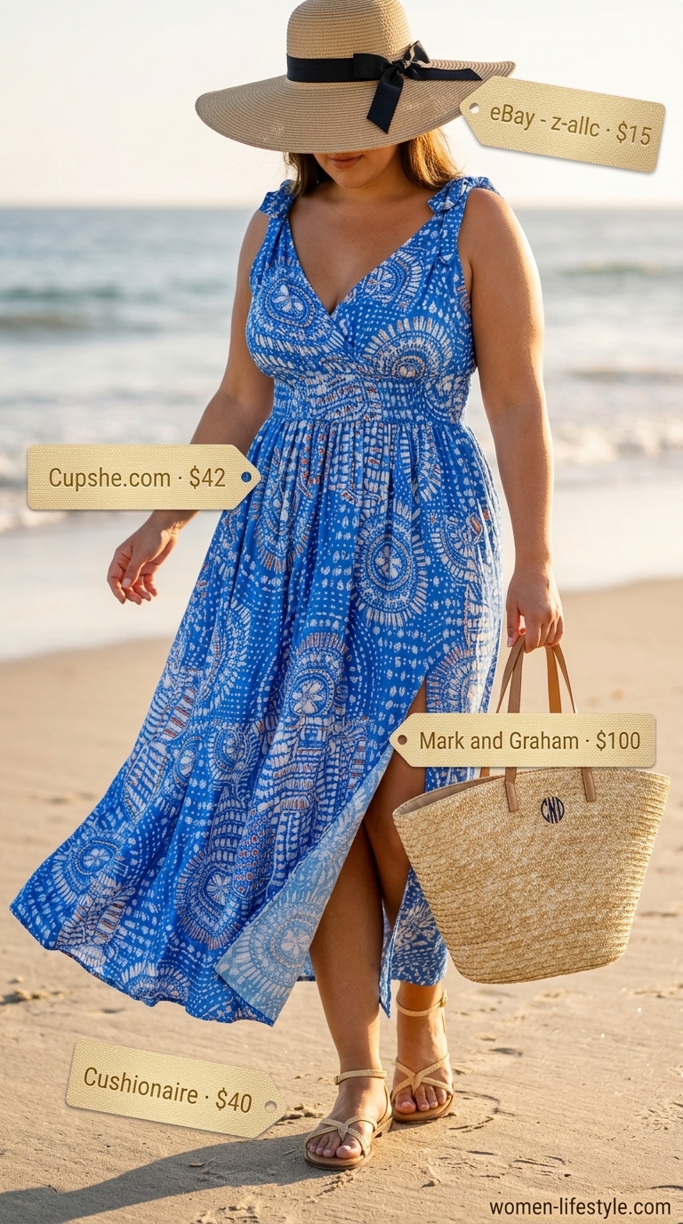 Trendy curvy outfit summer for women 2026: Ocean blue maxi dress, straw hat, tan sandals for beach vacation.