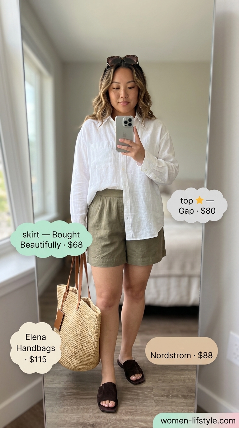 Trendy curvy outfit summer for women 2026: Khaki linen shorts, white oversized shirt, espresso slides for resort wear.