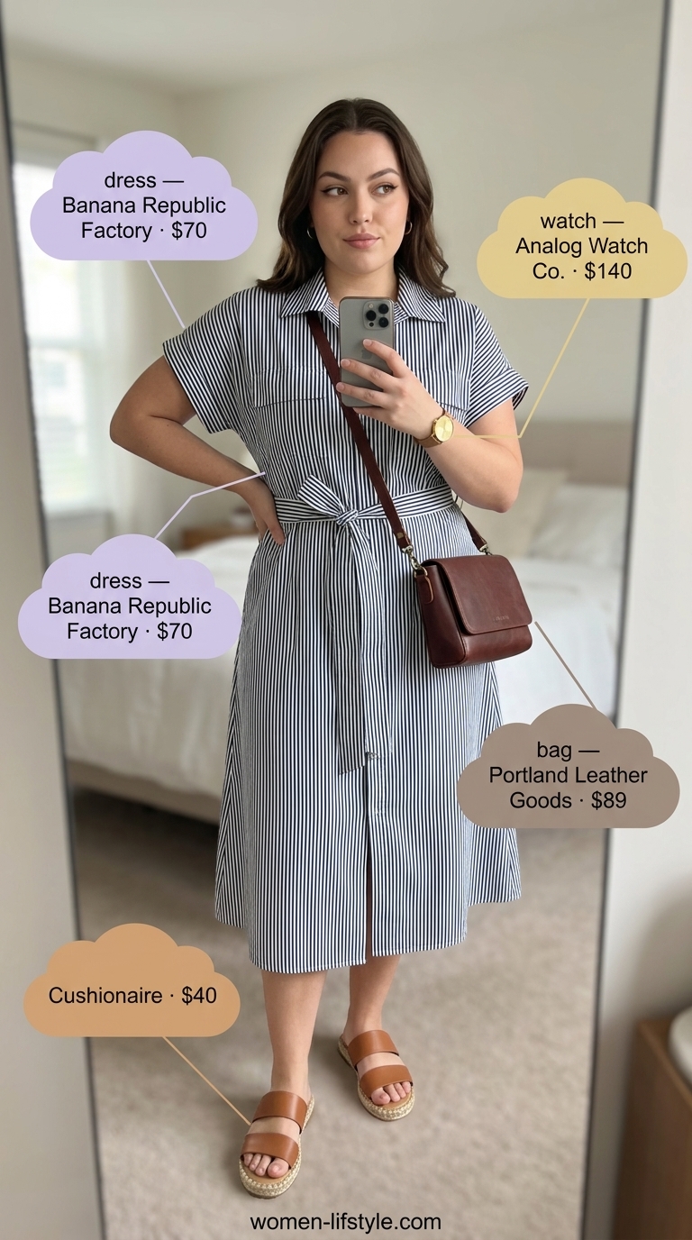 Trendy curvy outfit summer for women 2026: Navy stripe midi shirt dress, tan espadrilles for casual lunch.
