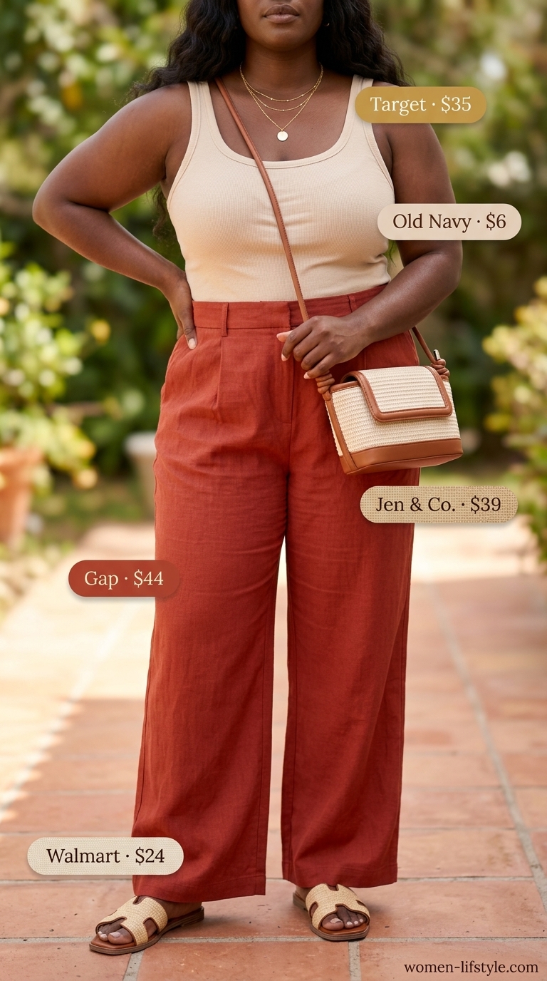 Trendy curvy outfit summer for women 2026: Terracotta linen pants, cream tank, gold jewelry for brunch.