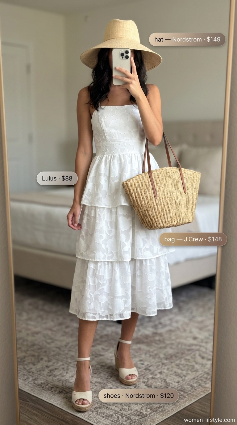 Boho Maxi Dream outfit: pastel floral print dress, straw hat, woven tote, and espadrille wedges. Trendy ideas for summer wardrobe v 2026.
