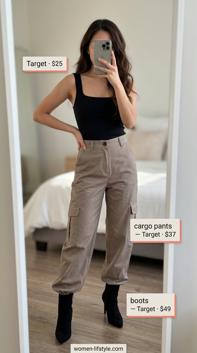 Taupe cargo pants, black cropped top, and heeled boots for trendy summer wardrobe ideas 2026.