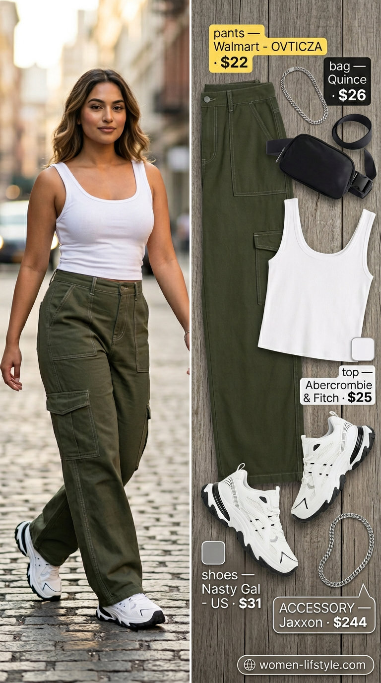 Olive green cargo pants, white tank, and dad sneakers for trendy summer wardrobe ideas 2026.