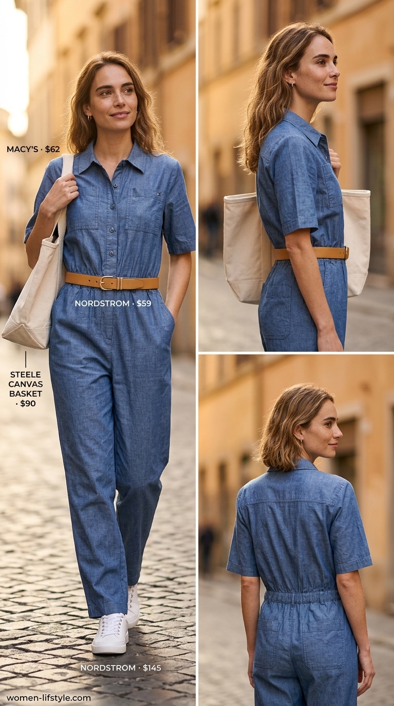 Chambray blue utility jumpsuit with sneakers for trendy summer wardrobe ideas 2026.