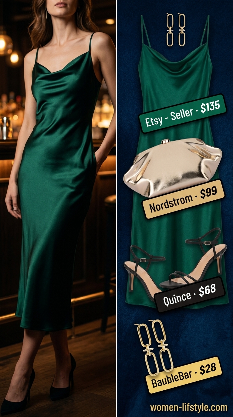 Chic Evening Out outfit: emerald green satin midi dress, black heels, gold clutch & earrings. Trendy ideas for summer wardrobe v 2026.