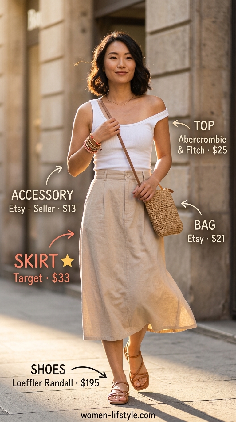 Chic Linen Midi Skirt outfit: beige A-line skirt, white tank, tan sandals, straw bag. Trendy ideas for summer wardrobe v 2026.