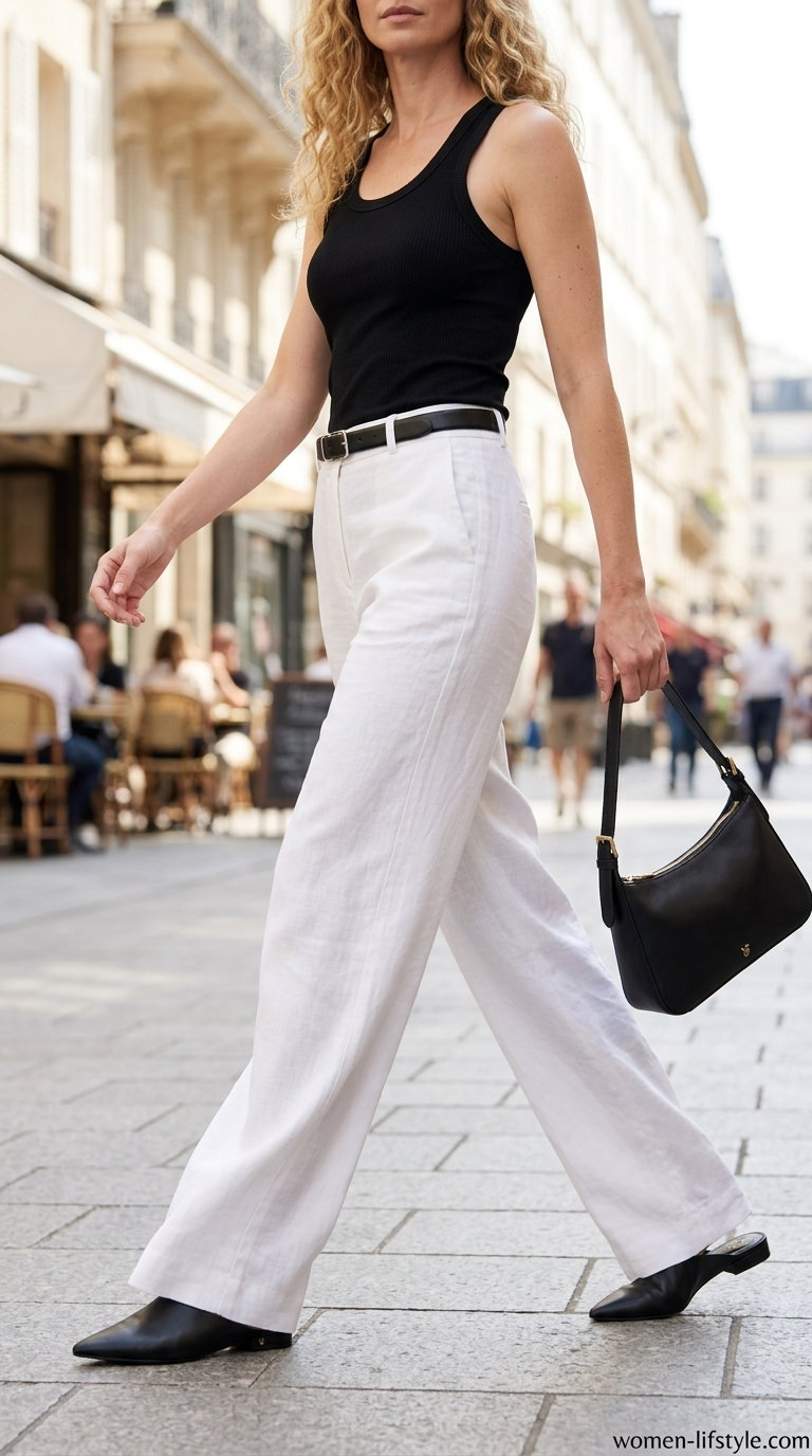 City Chic summer wardrobe v 2026: White wide-leg trousers, black tank, silver earrings, black mules for lunch.