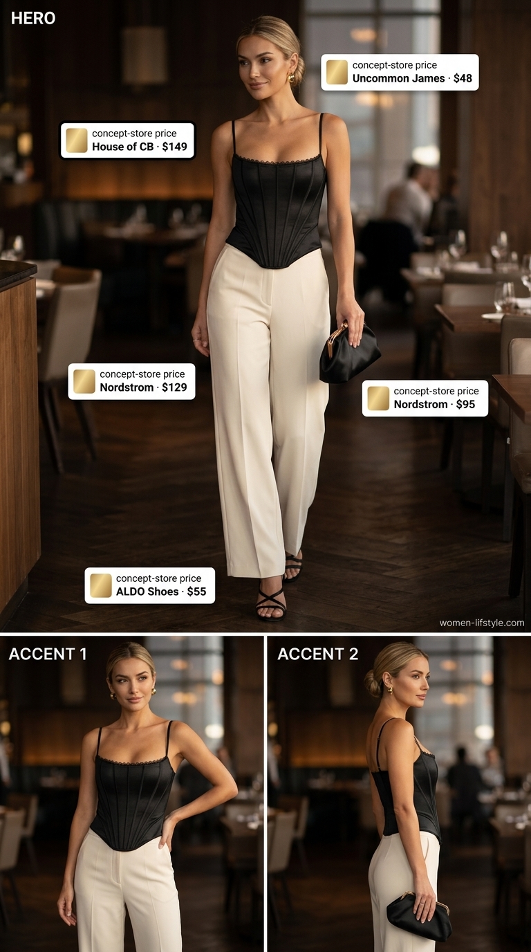 City Sophisticate outfit: black corset top, cream wide-leg trousers, black clutch & heels. Trendy ideas for summer wardrobe v 2026.