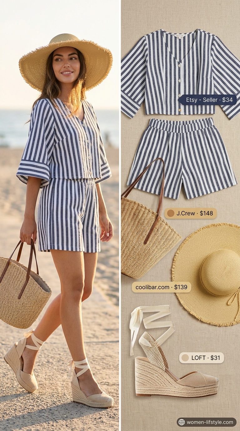 Coastal Escape outfit: white linen shirt & shorts set with blue stripes, straw hat & espadrilles. Trendy ideas for summer wardrobe v 2026.