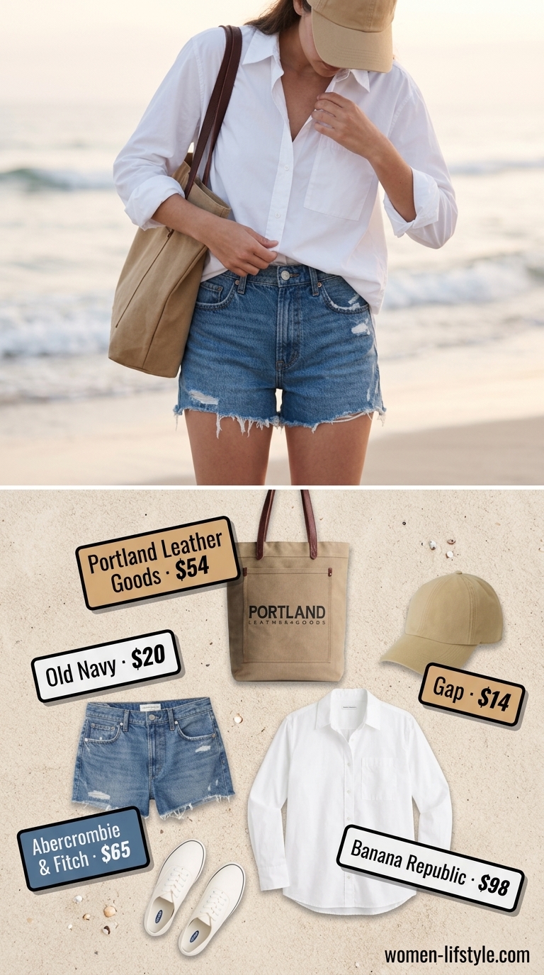 Denim shorts, oversized shirt, and canvas tote for trendy summer wardrobe ideas 2026.