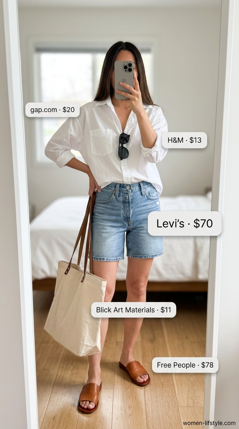 Weekend Explorer summer wardrobe v 2026: Denim shorts, oversized white shirt, leather slides for picnic.