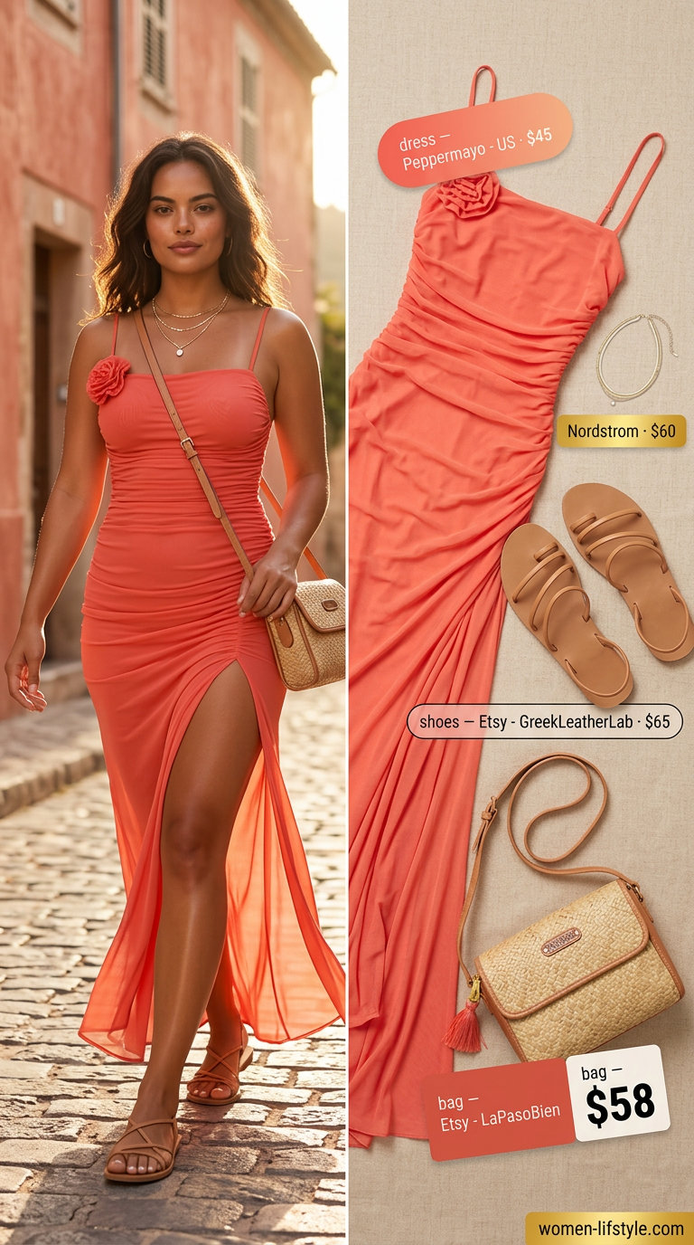 Golden Hour Glow outfit: coral maxi dress, straw crossbody, gold necklaces, tan sandals. Trendy ideas for summer wardrobe v 2026.