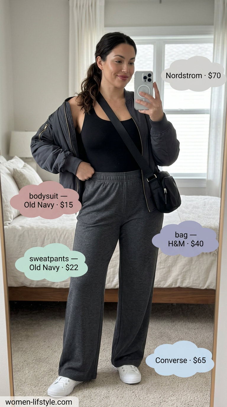 Charcoal grey wide-leg knit pants and bomber jacket for trendy summer wardrobe ideas 2026.