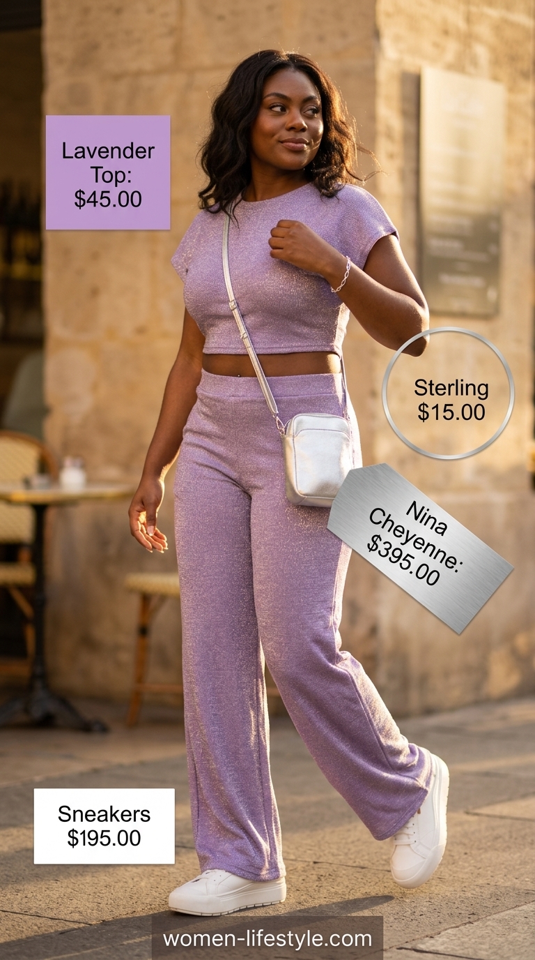 Pastel Dream summer wardrobe v 2026: Lilac matching set, white sneakers, silver bag for brunch.