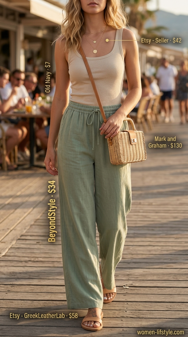 Golden Hour summer wardrobe v 2026: Sage green linen pants, cream tank, tan sandals for beach brunch.