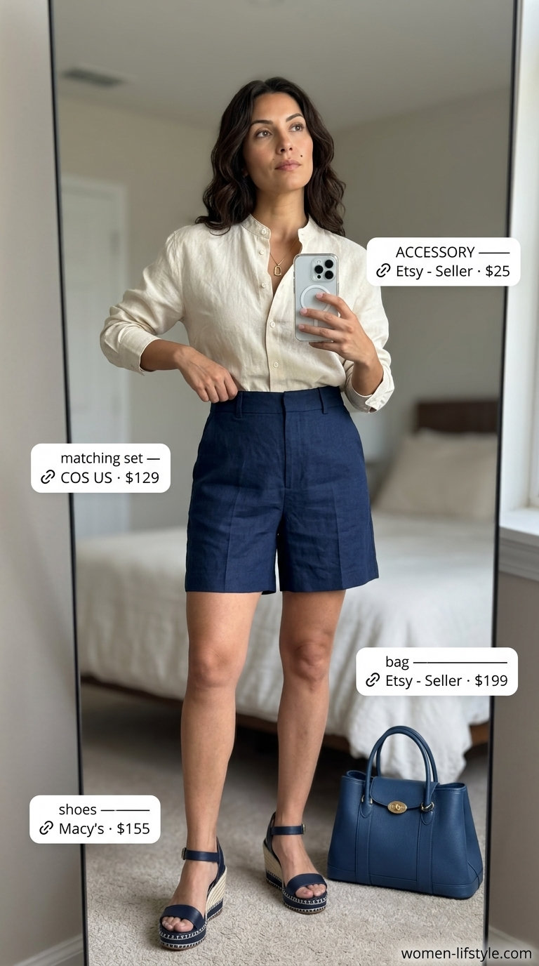 Cream linen shorts set with espadrille wedges for trendy summer wardrobe ideas 2026.