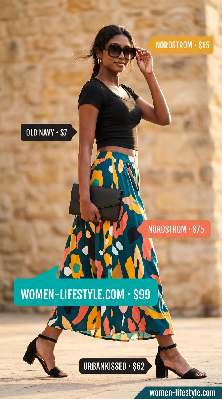 Bold Print summer wardrobe v 2026: Maxi skirt, black crop top, block heel sandals for festival.