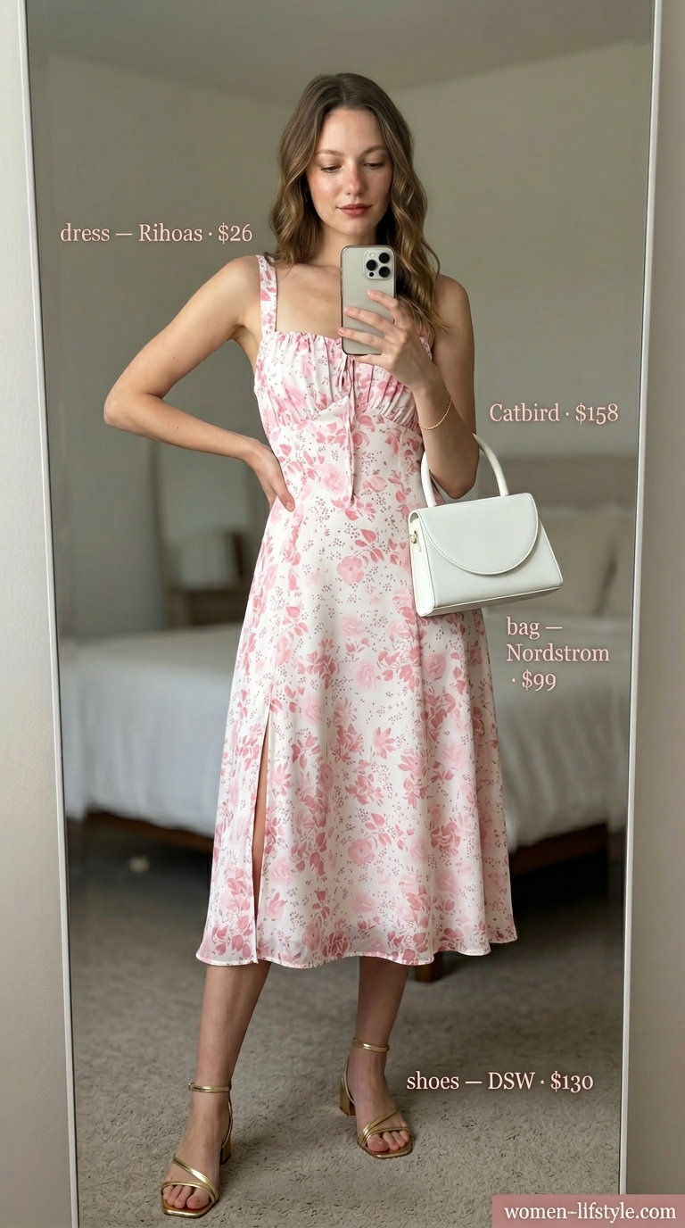 Romantic summer wardrobe v 2026: Blush pink puff sleeve dress, gold sandals, top-handle bag for garden party.