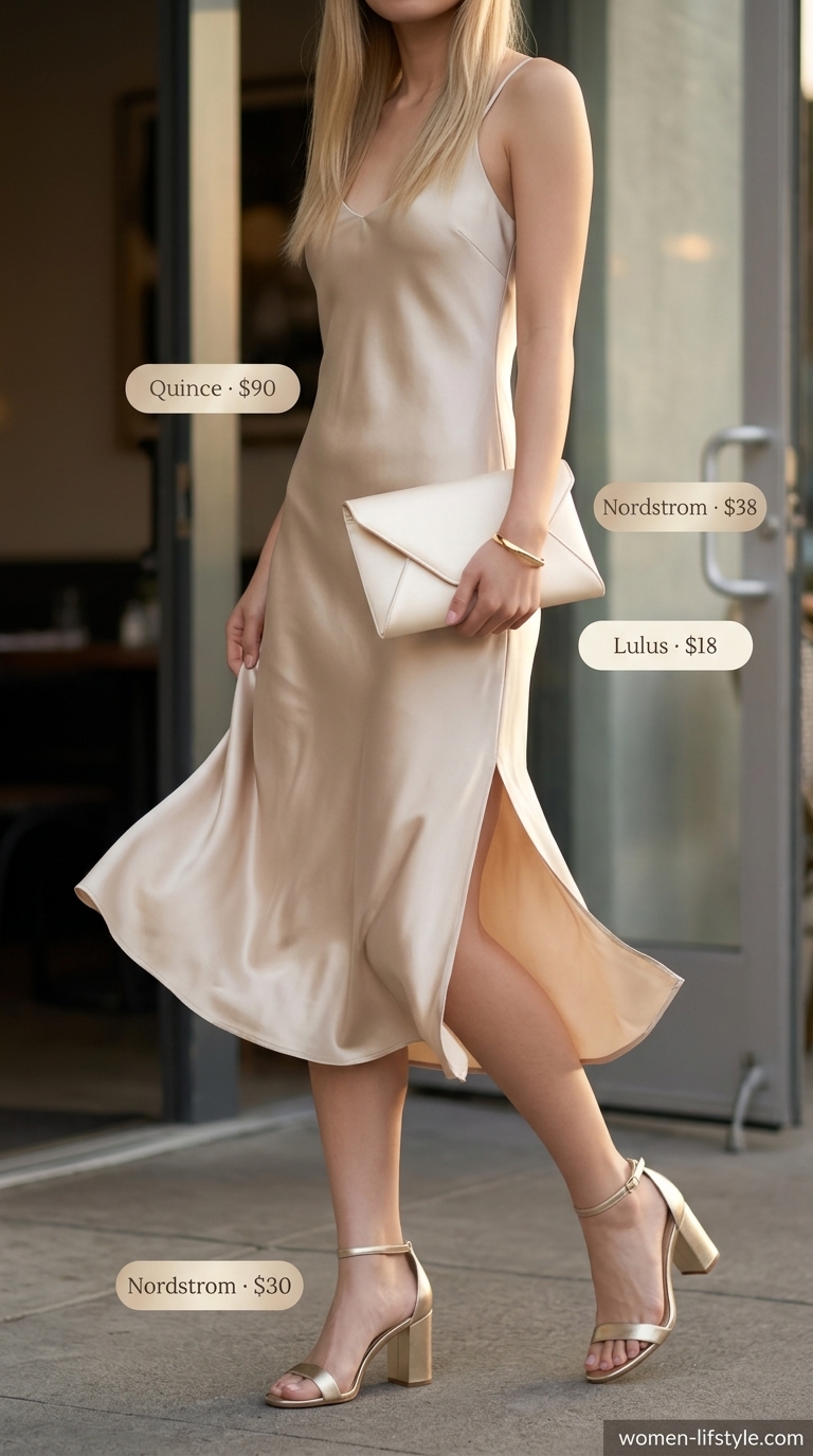 Elegant summer wardrobe v 2026: Champagne slip dress, gold sandals, gold bangle for evening.