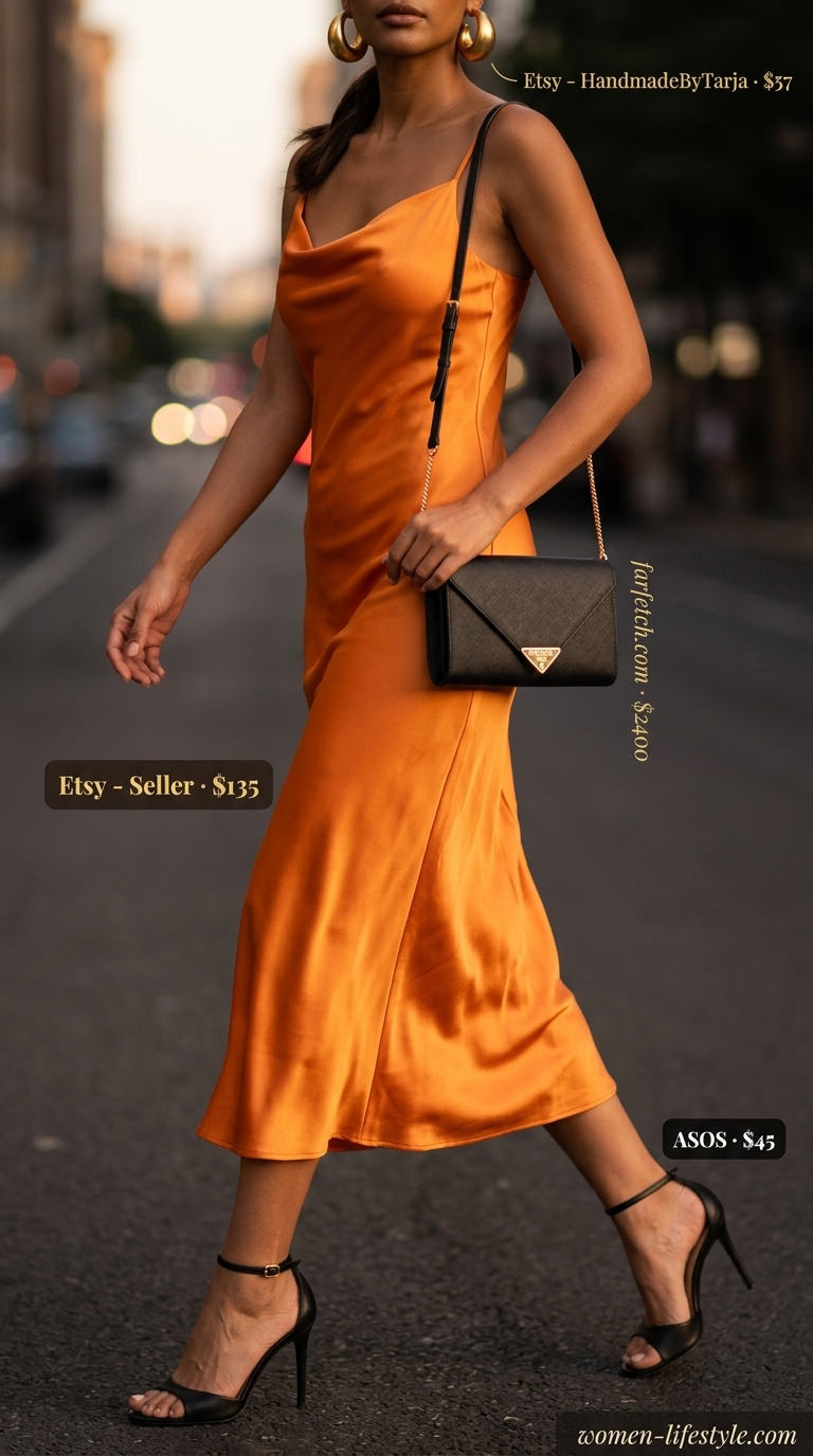 Sunset Serenade summer wardrobe v 2026: Mango orange slip dress, black heels, gold earrings for date night.