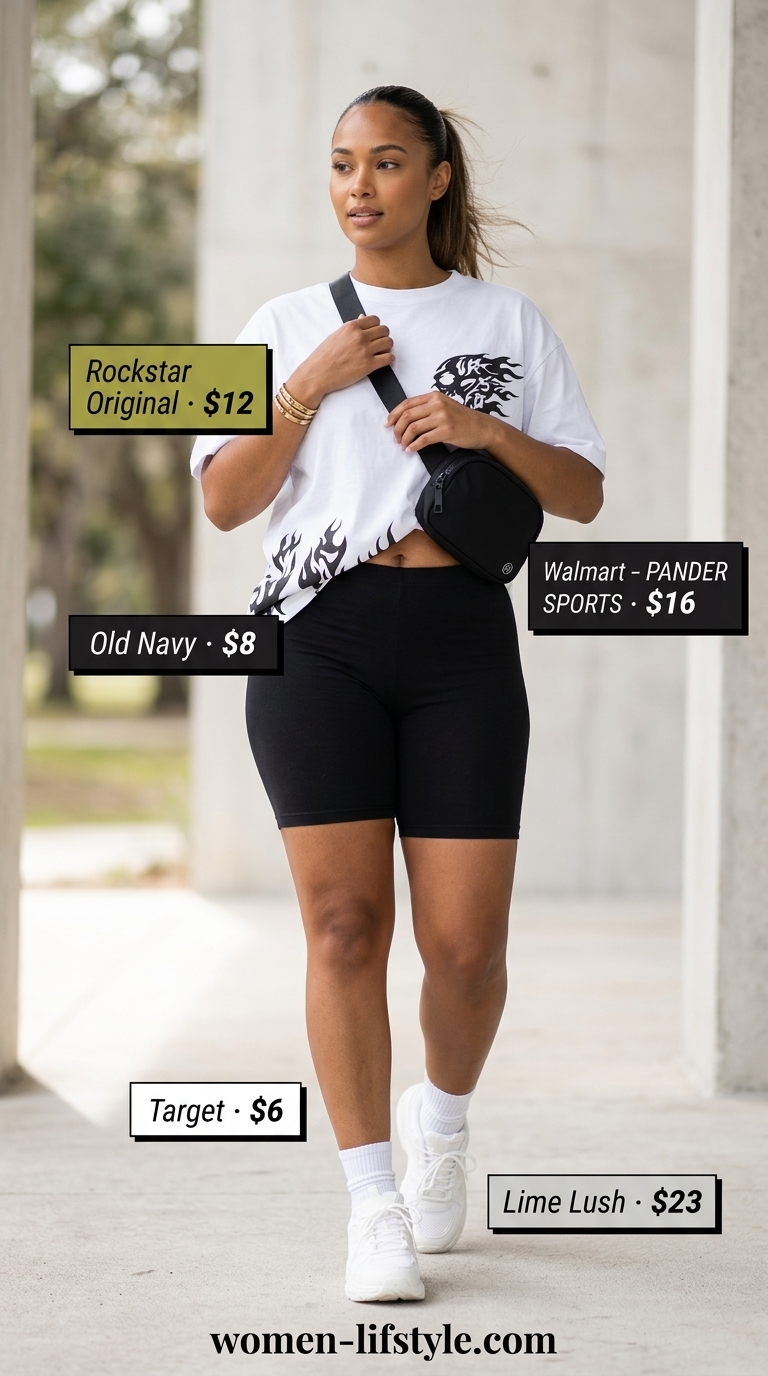 Sporty Chic summer wardrobe v 2026: Biker shorts, oversized graphic tee, chunky sneakers for errands.