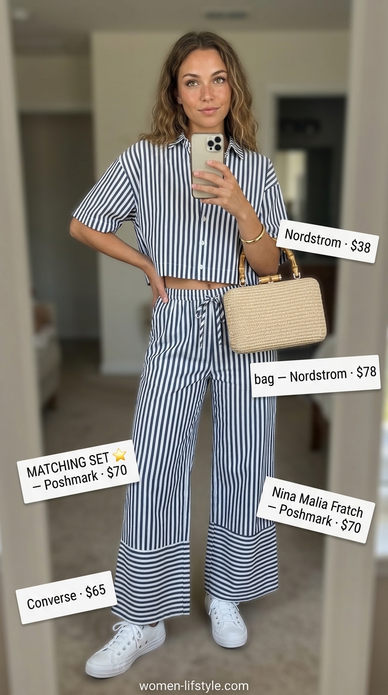 Navy and white stripe matching set with straw clutch for trendy summer wardrobe ideas 2026.