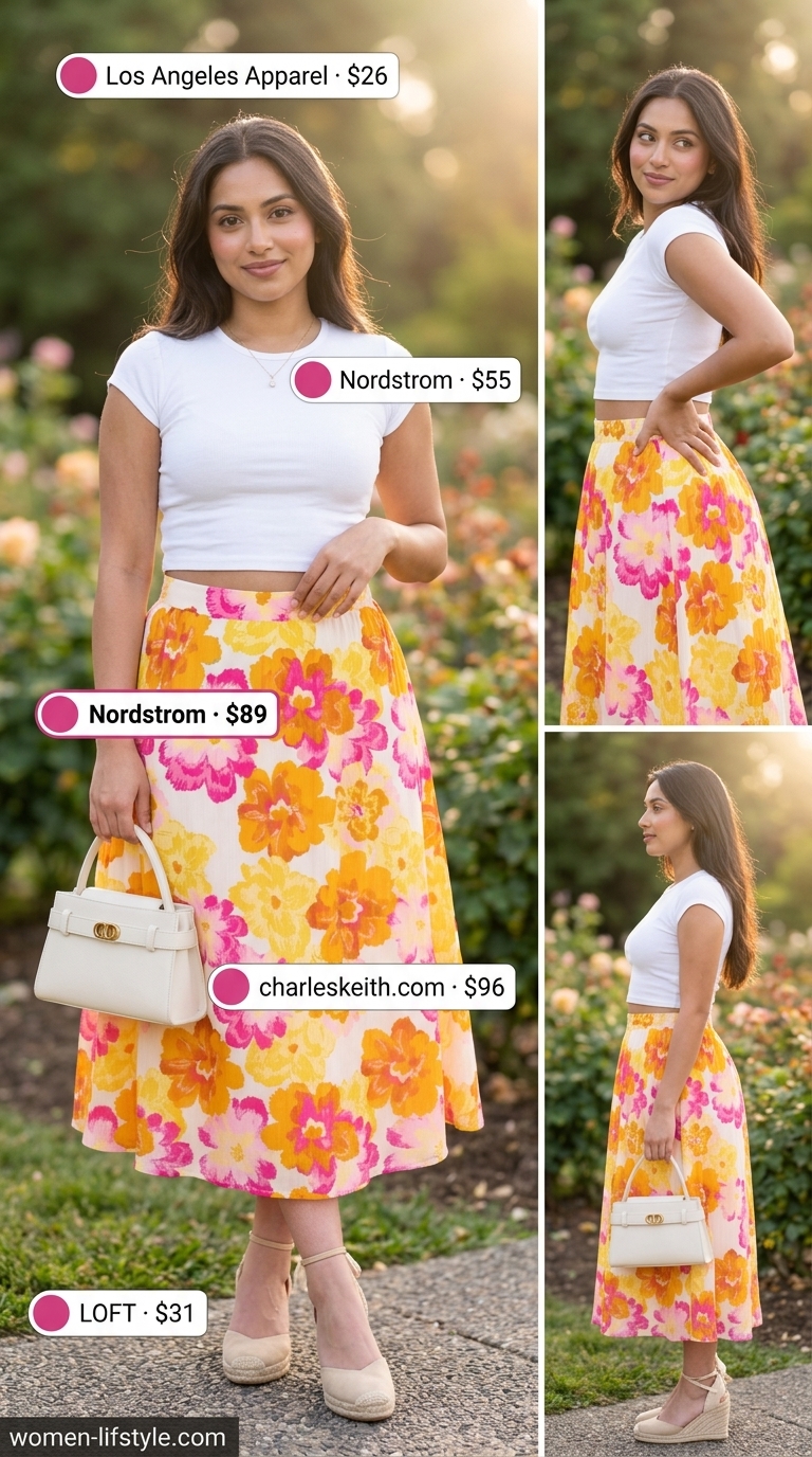 Summer Garden Party outfit: floral midi skirt, white crop top, espadrilles, top-handle bag. Trendy ideas for summer wardrobe v 2026.
