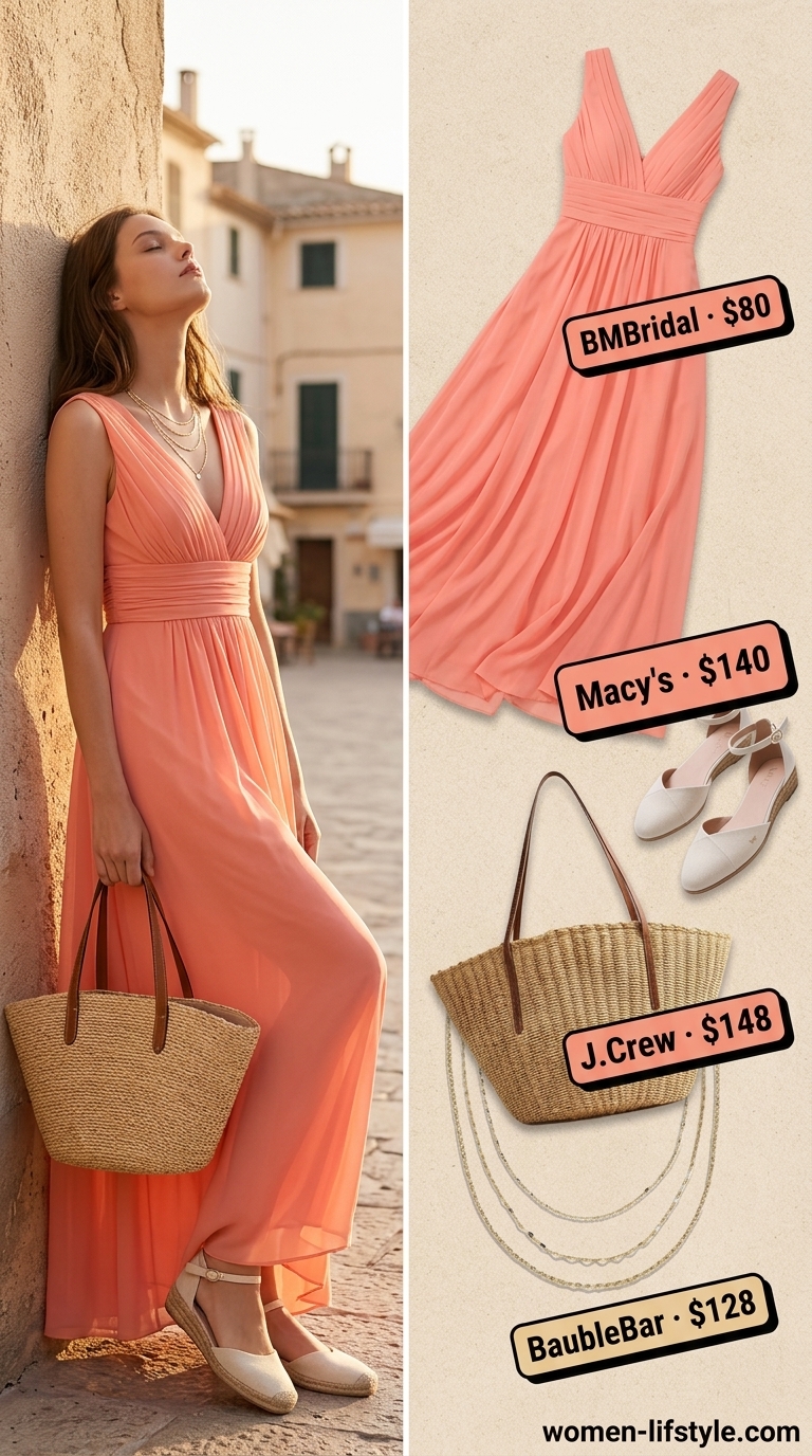 Sunset Serenity Maxi Dress outfit: coral chiffon dress, straw tote, gold necklaces, espadrille flats. Trendy ideas for summer wardrobe v 2026.