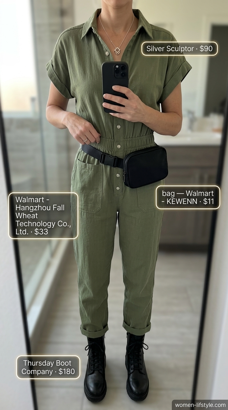 Olive green utility jumpsuit, black belt bag, and combat boots for trendy summer wardrobe ideas 2026.