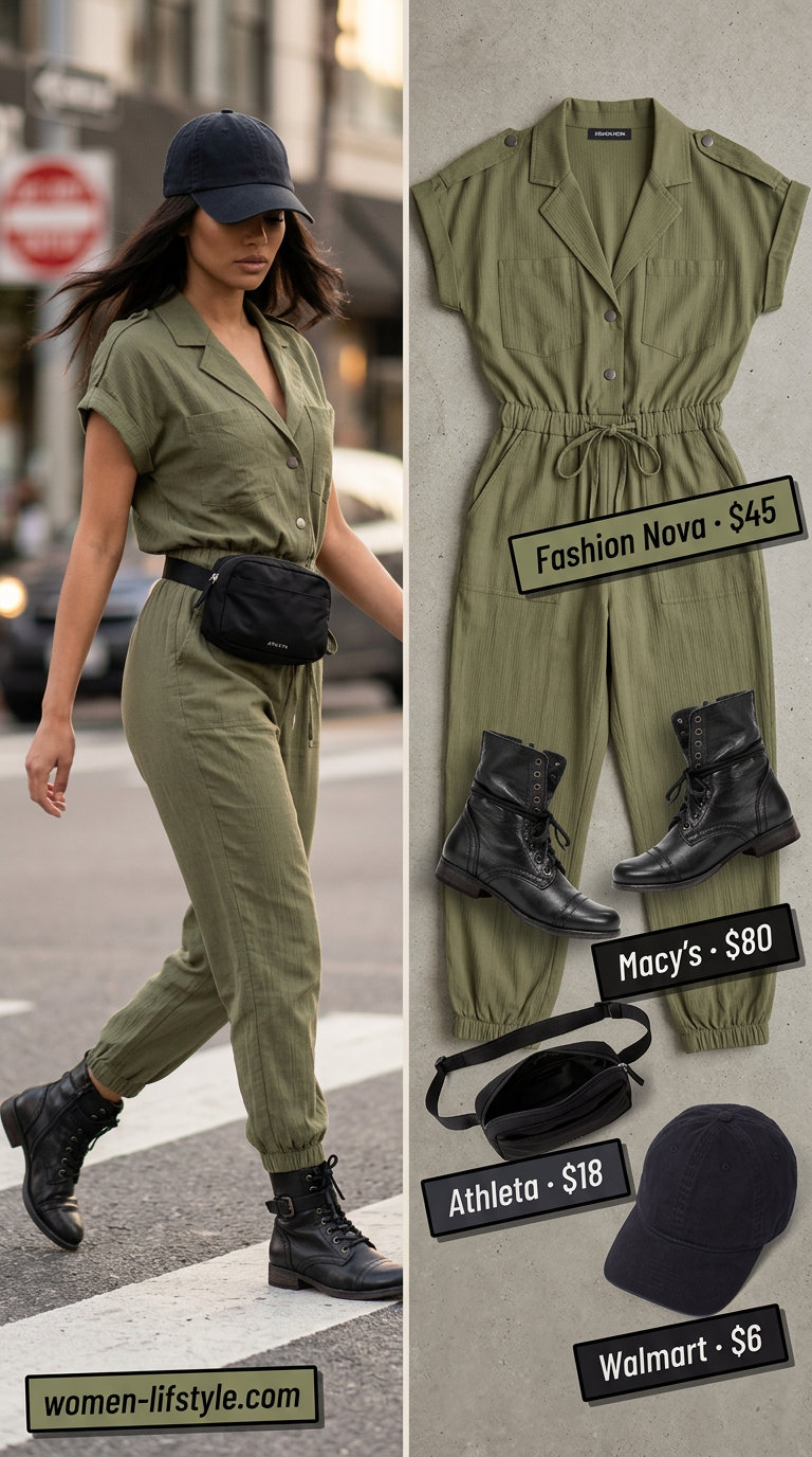 Weekend Getaway summer wardrobe v 2026: Olive utility jumpsuit, combat boots, belt bag for travel.
