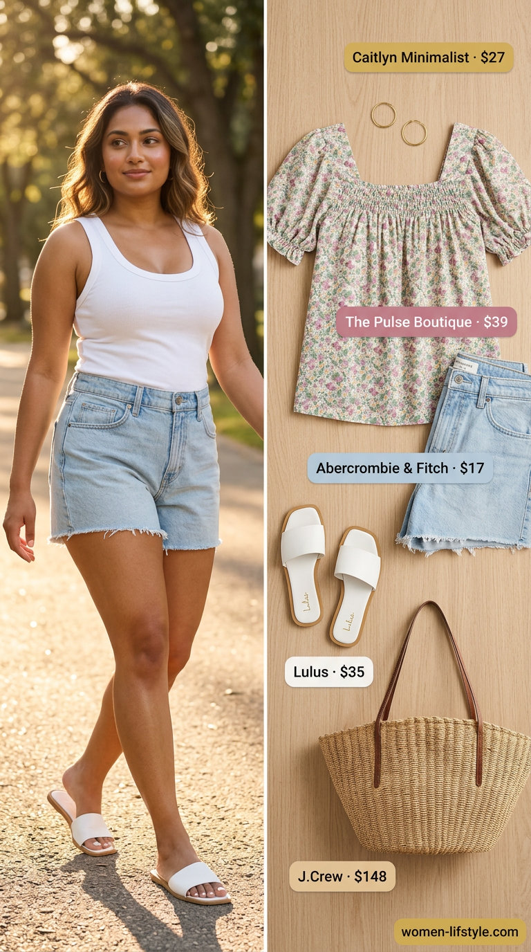 Weekend Brunch Bliss outfit: floral puff-sleeve blouse, denim shorts, white slides, straw tote. Trendy ideas for summer wardrobe v 2026.