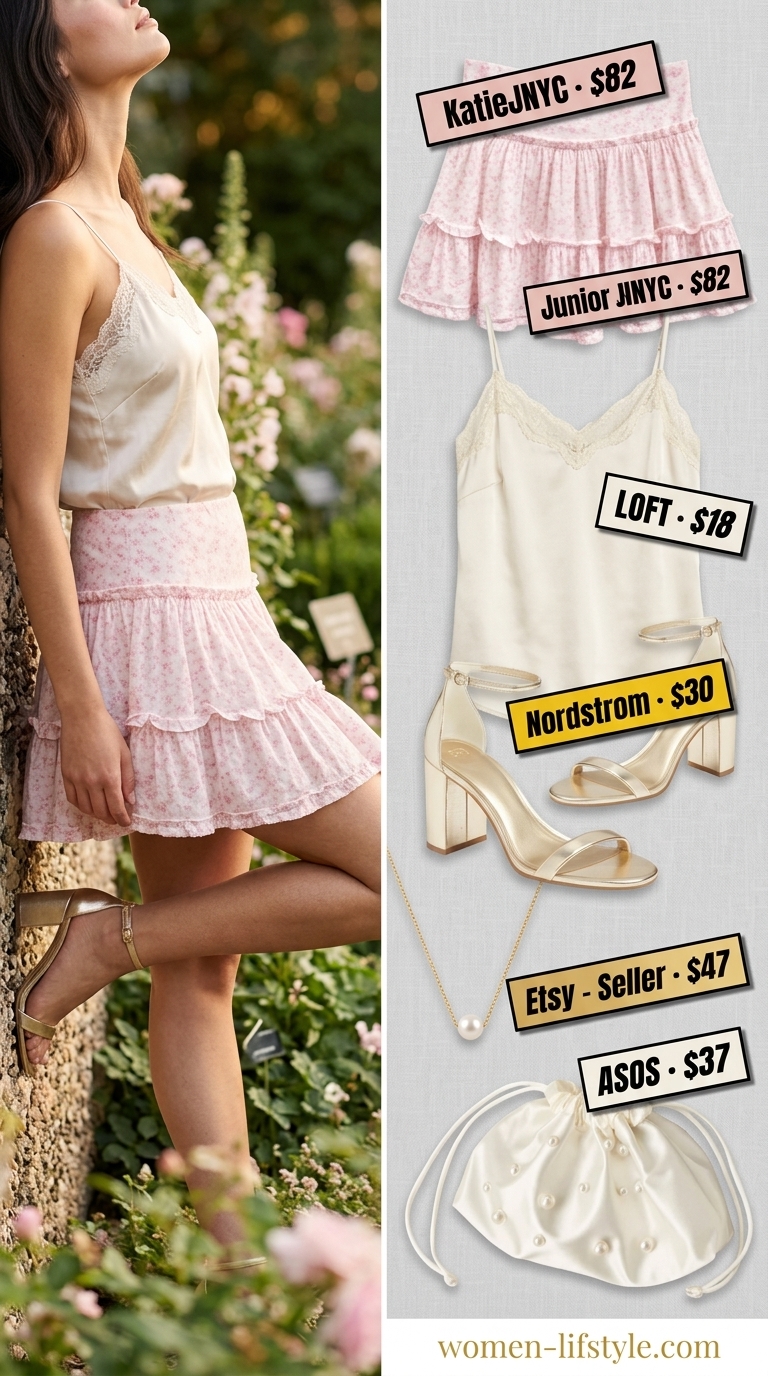 Pastel pink floral mini skirt outfit for summer 2026, with ivory camisole and gold sandals. Romantic garden party style.