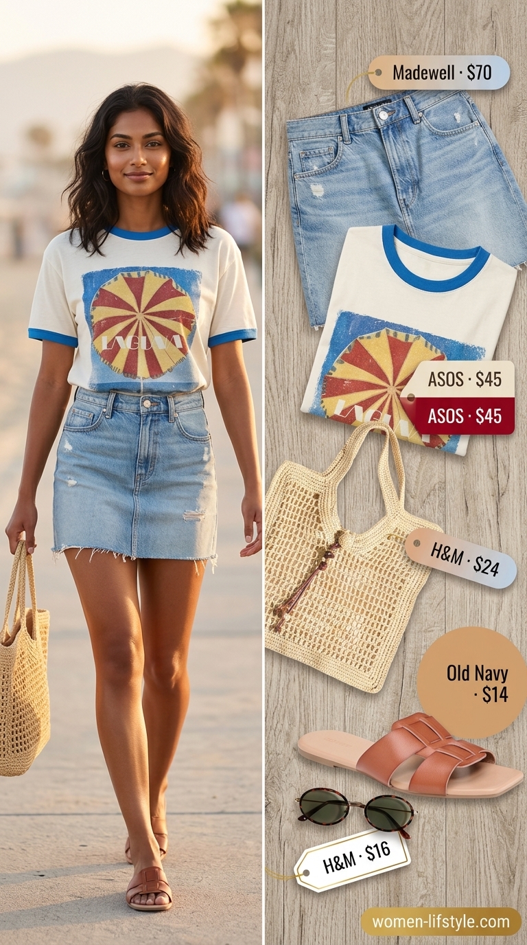 Trendy mini skirt outfits summer 2026: Light blue denim skirt, graphic tee, straw bag for a relaxed beach day.