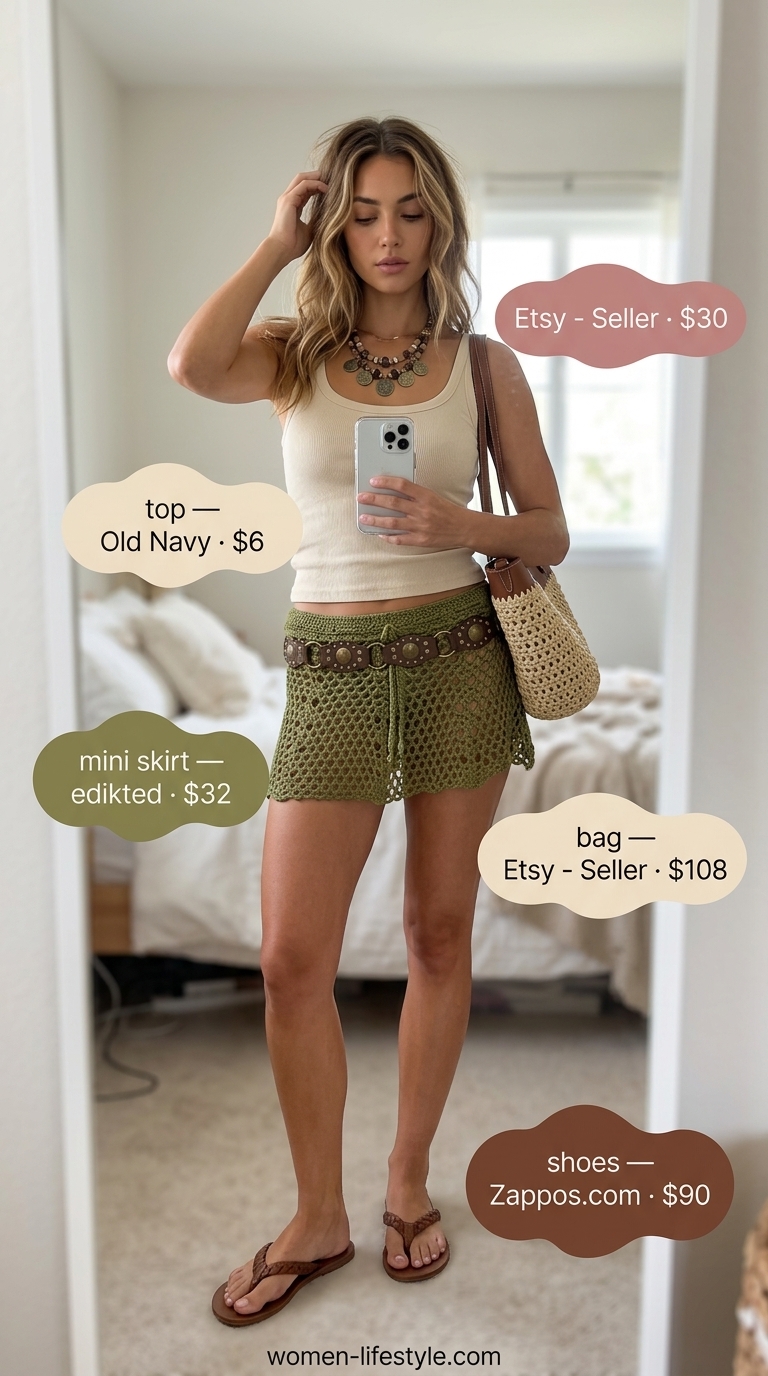 Trendy mini skirt outfits summer 2026: Earth-toned crochet mini skirt with cream tank and straw bag for beach.