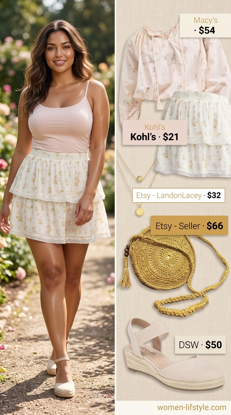 Trendy mini skirt outfits summer 2026: Floral mini skirt, off-shoulder blouse, espadrilles for a garden party.