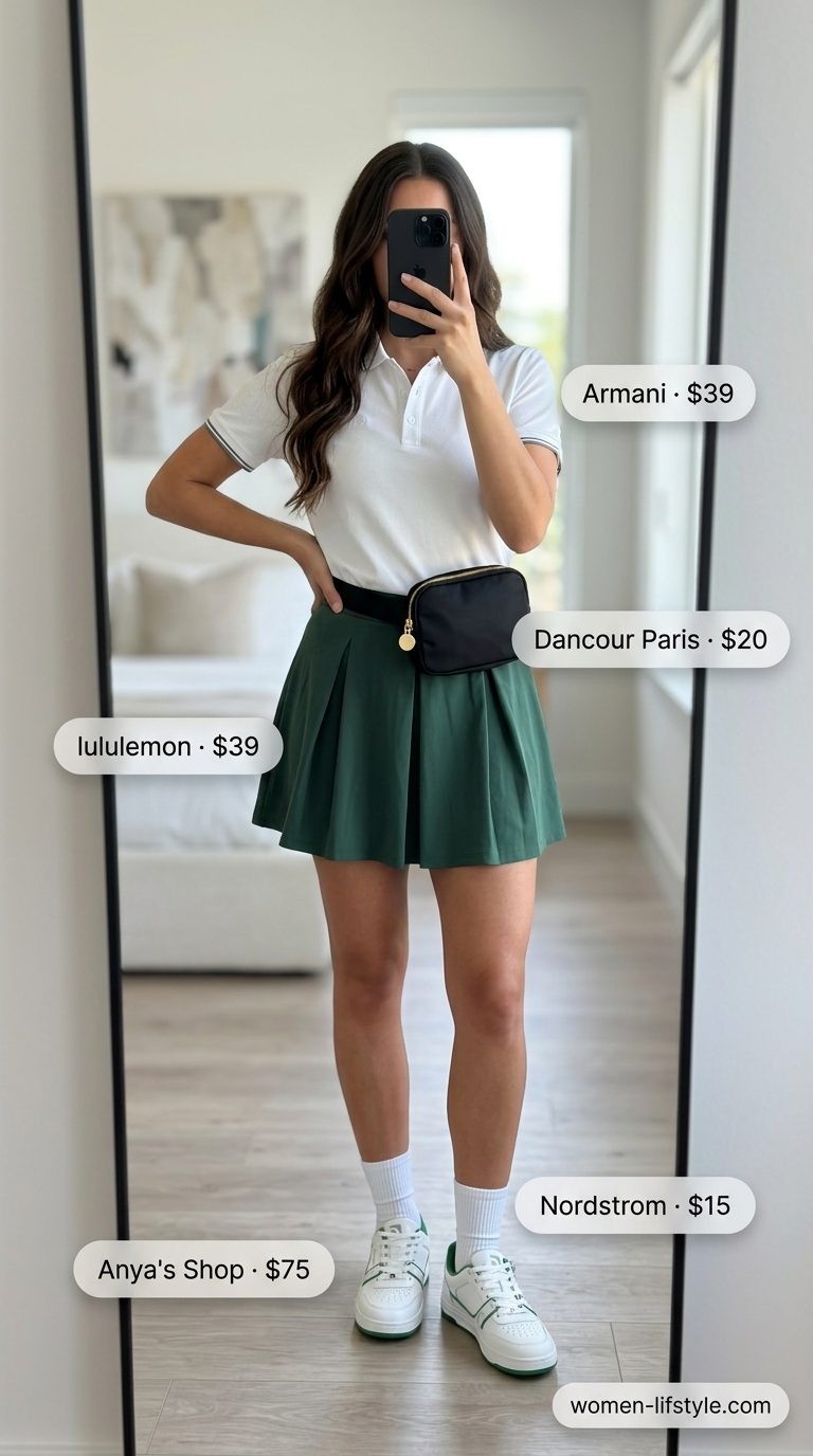 Forest green pleated mini skirt outfit for summer 2026, paired with a white polo and belt bag. Sporty chic style.