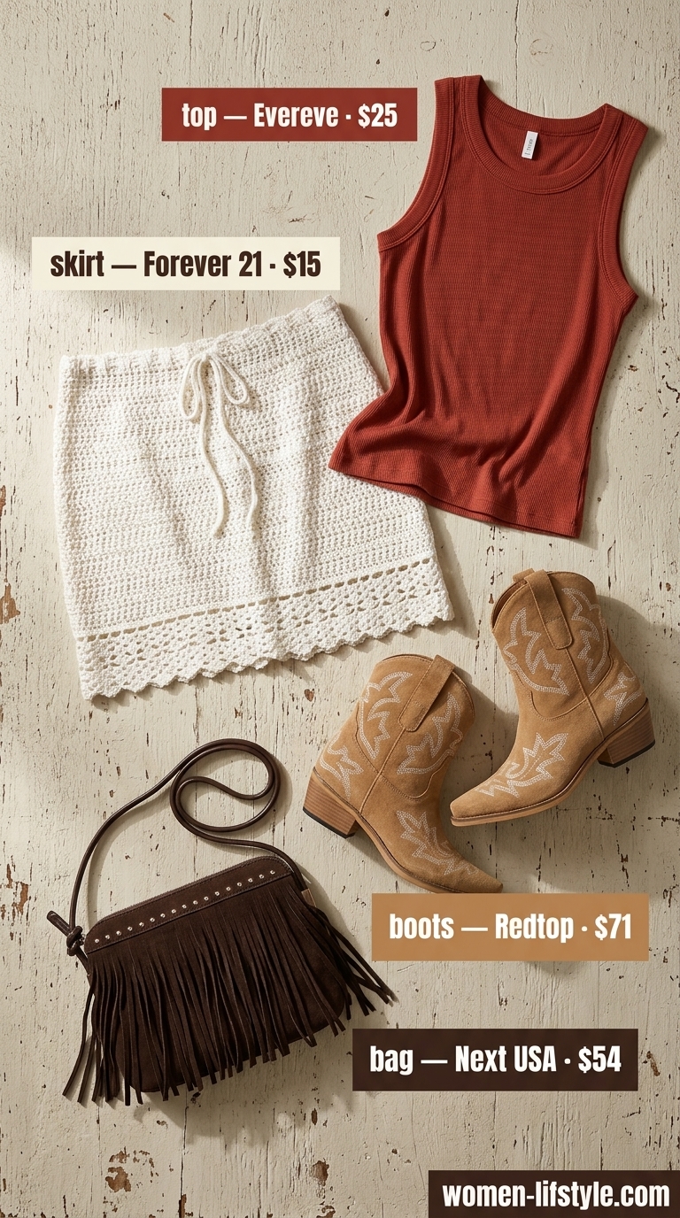 Trendy mini skirt outfits summer 2026: Ecru crochet skirt, rust tank, fedora for a boho music festival.