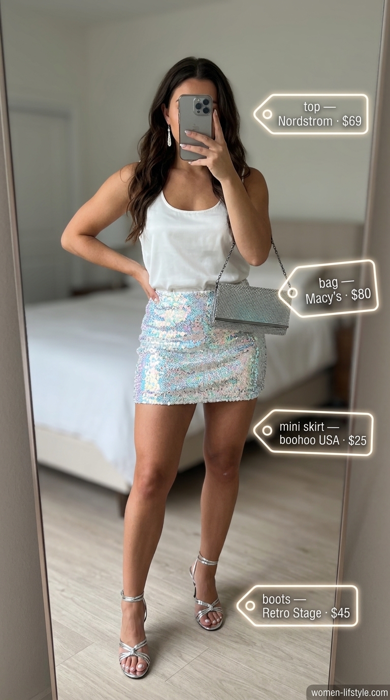 Trendy mini skirt outfits summer 2026: Iridescent silver sequined mini skirt with white tank and silver heels for a party.