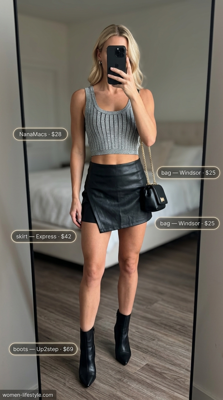 Black faux leather mini skirt outfit for summer 2026, with silver metallic top and boots. Edgy night out look.