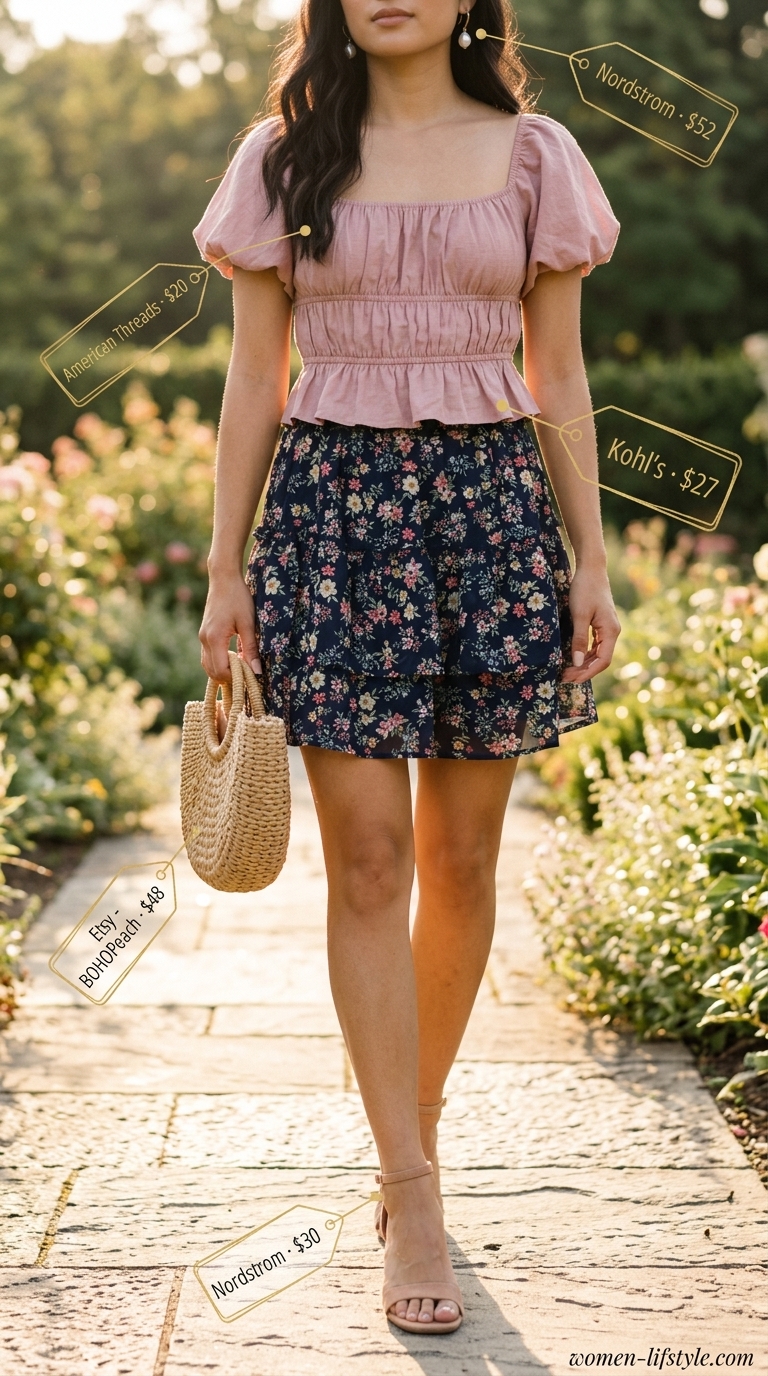 Trendy mini skirt outfits summer 2026: Floral tiered mini skirt with pink puff sleeve top and straw bag for garden party.