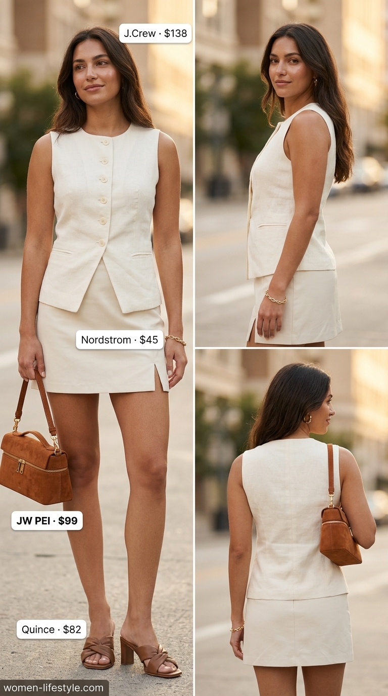 Trendy mini skirt outfits summer 2026: Beige A-line skirt, linen vest top, leather mules for a business lunch.