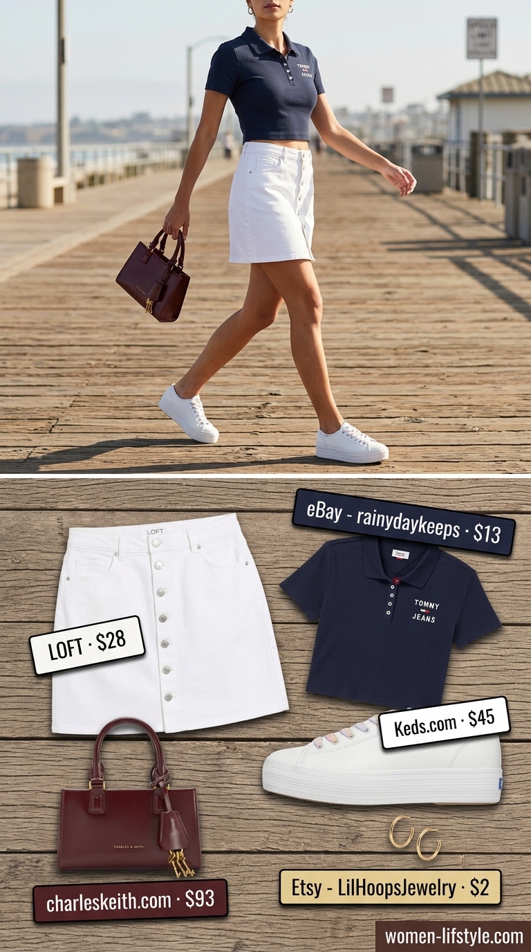 Nautical white denim mini skirt outfit for summer 2026, with navy polo and red bag. Perfect for coastal vacations.
