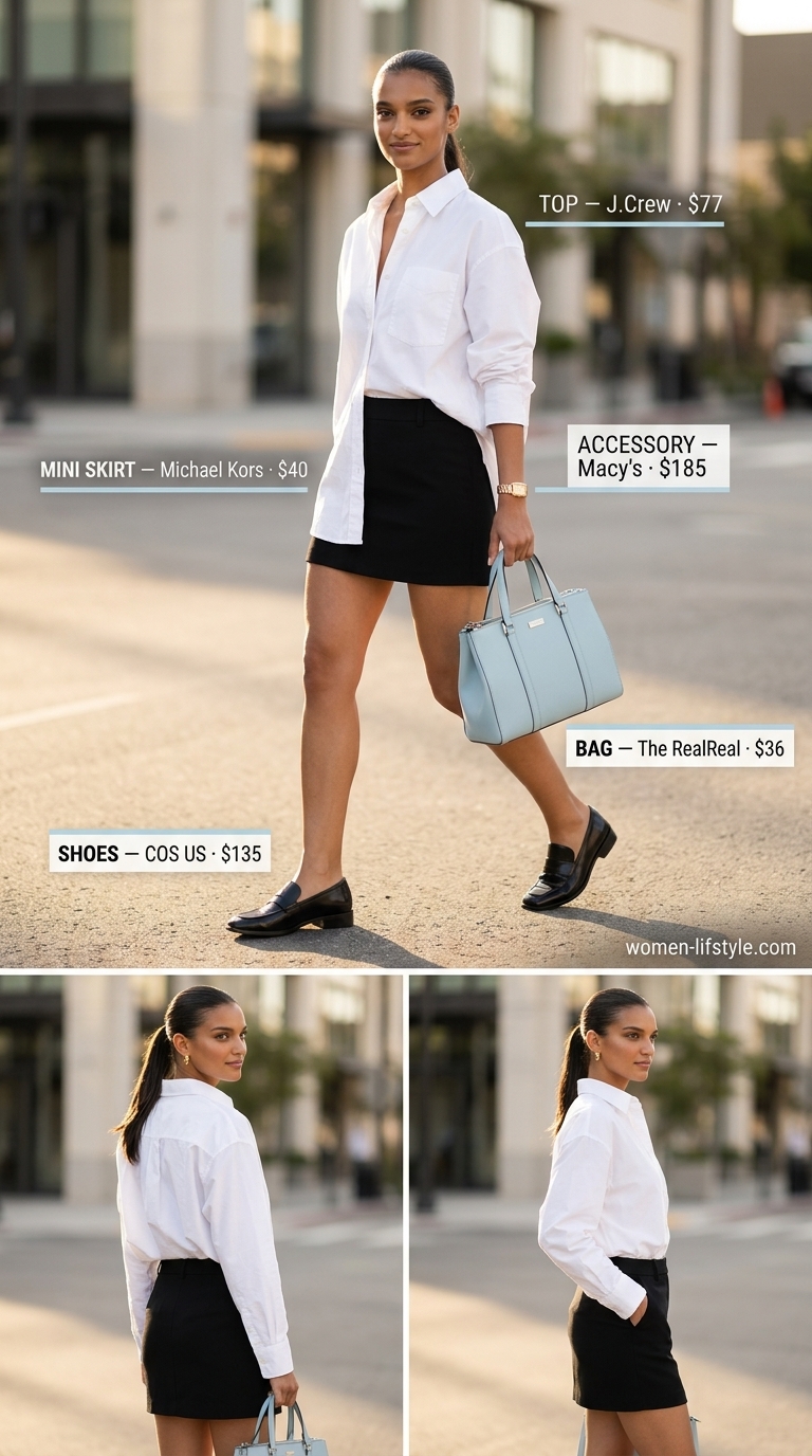 Trendy mini skirt outfits summer 2026: Black tailored skirt, white shirt, blue bag for a smart casual office.